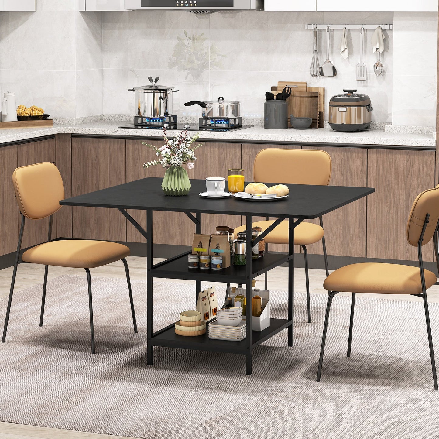 47 Inch Rectangular Dining Table with 2 Open Storage Shelves and Sturdy Metal Legs for 4-6