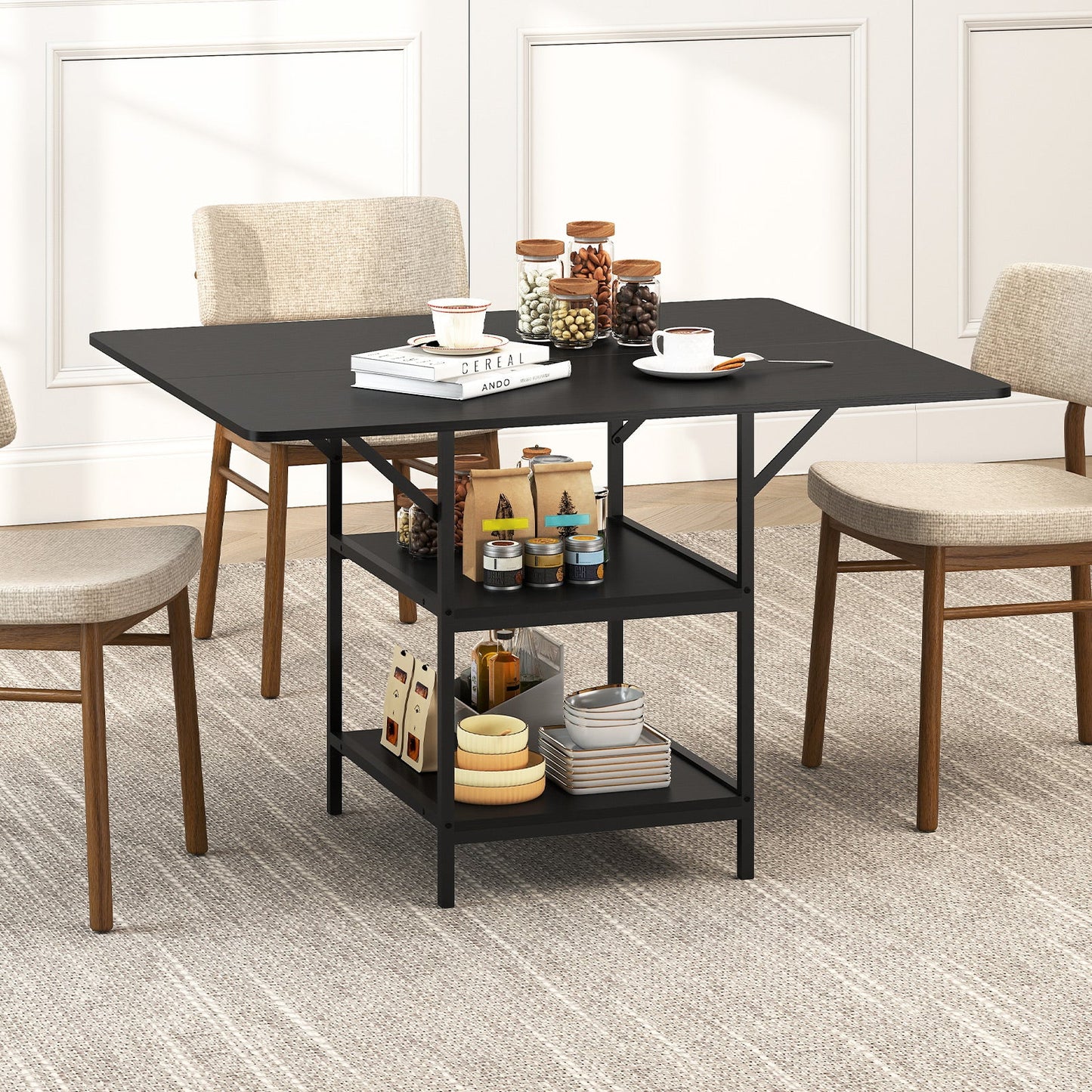 47 Inch Rectangular Dining Table with 2 Open Storage Shelves and Sturdy Metal Legs for 4-6