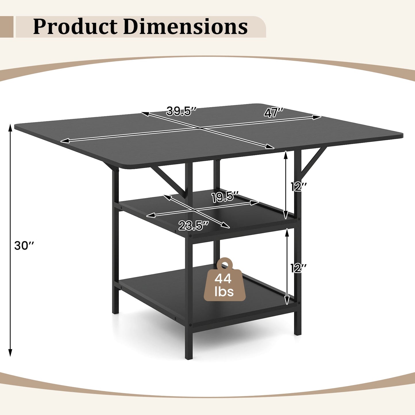 47 Inch Rectangular Dining Table with 2 Open Storage Shelves and Sturdy Metal Legs for 4-6