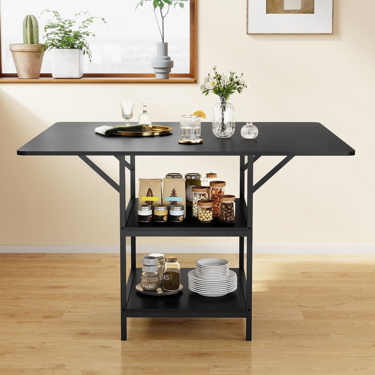 47 Inch Rectangular Dining Table with 2 Open Storage Shelves and Sturdy Metal Legs for 4-6