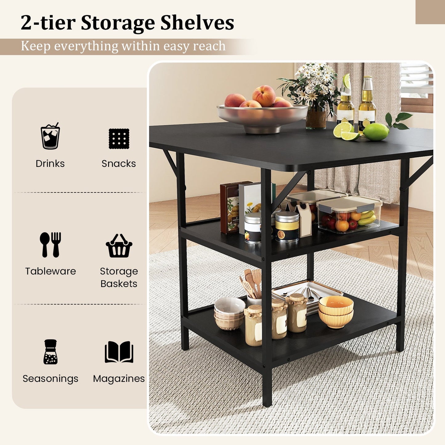 47 Inch Rectangular Dining Table with 2 Open Storage Shelves and Sturdy Metal Legs for 4-6