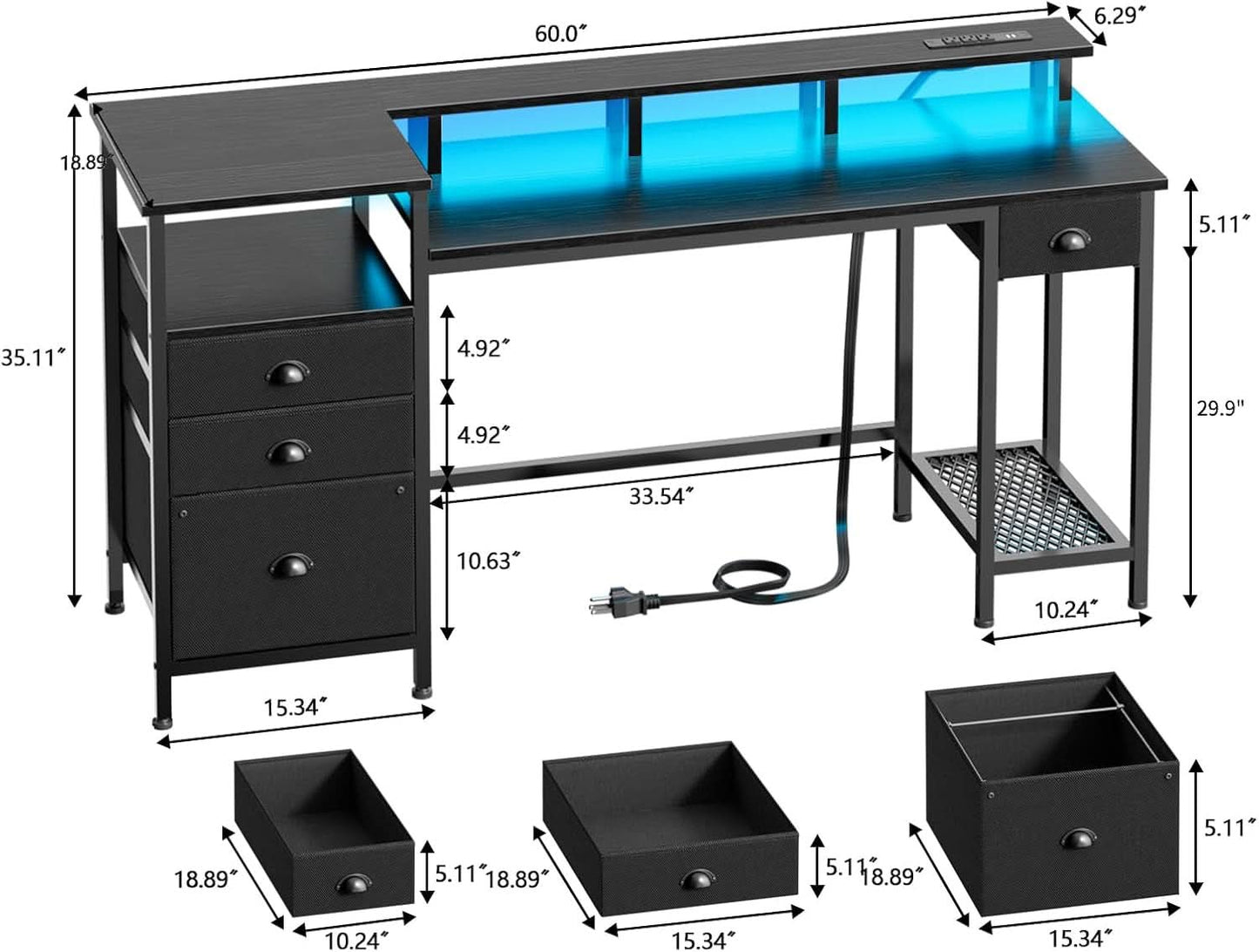 Black 60 Inch Computer Desk With 4 Drawers And Led Lights