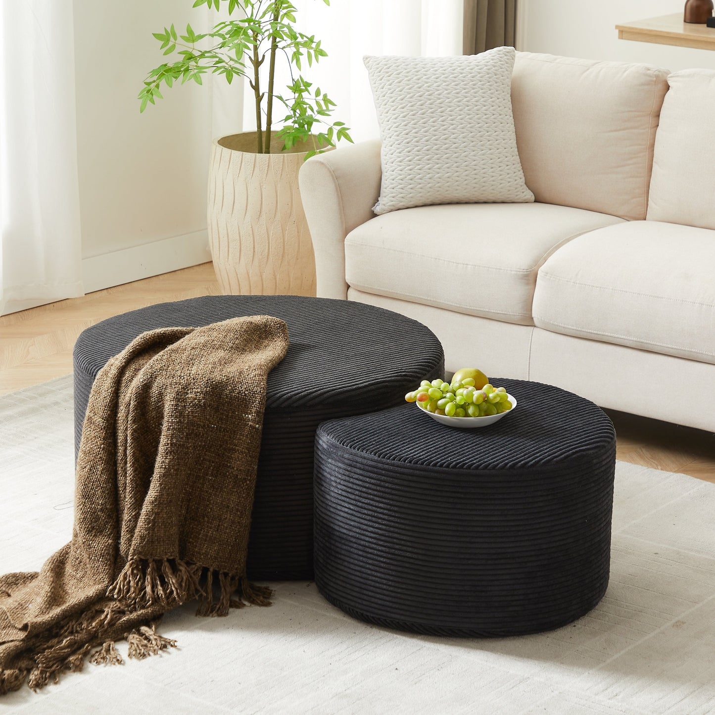 Upholstered Round Coffee Table Set of 2, Black Corduroy Fabric, No Assembly