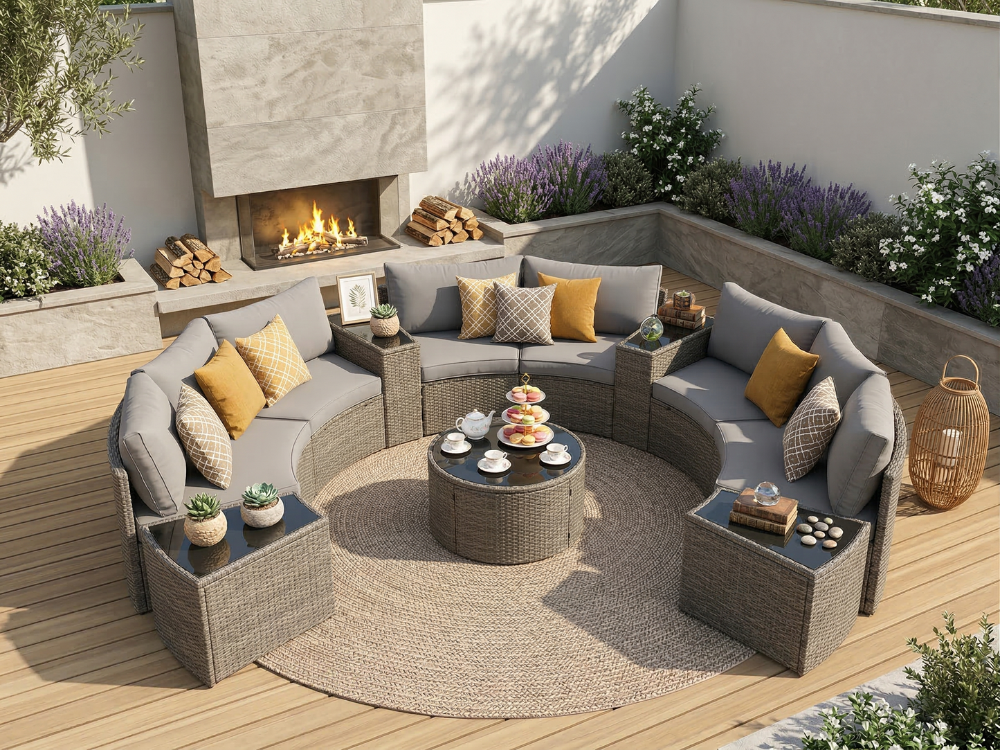 Outdoor Sectional Set PE Rattan Steel Light Gray 13pc
