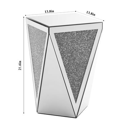 Inverted Triangle Mirror Coffee Table, Crystal Diamond Inlaid, Silver Glass
