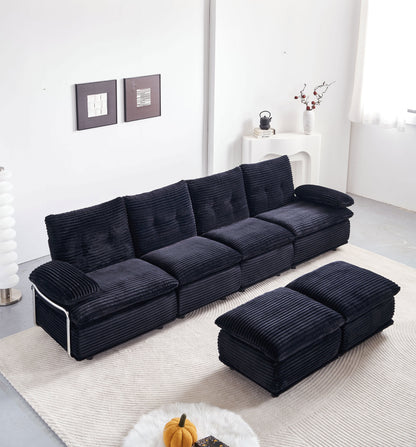 Sectional Sofa U-Shape Modular Corduroy Black 6-Seat with 2 Ottomans 140.94 In