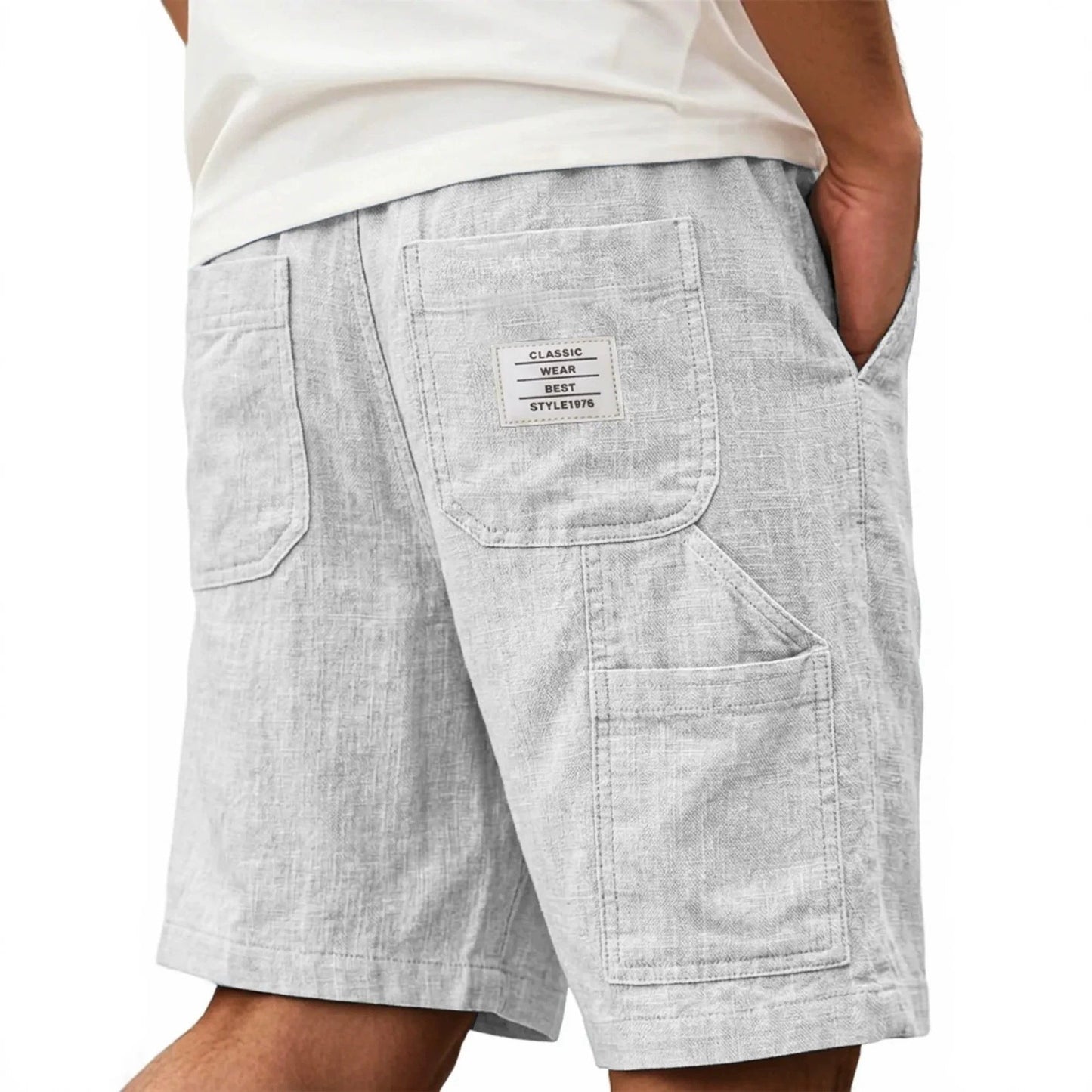 Mens Solid-Color Bamboo-Texture Linen Multi-Pocket Shorts