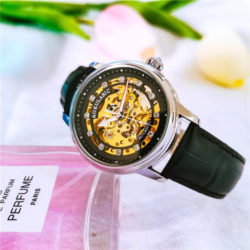 Hollow-Out Diamond-Encrusted Luminous Water-Resistant Mechanical Watch