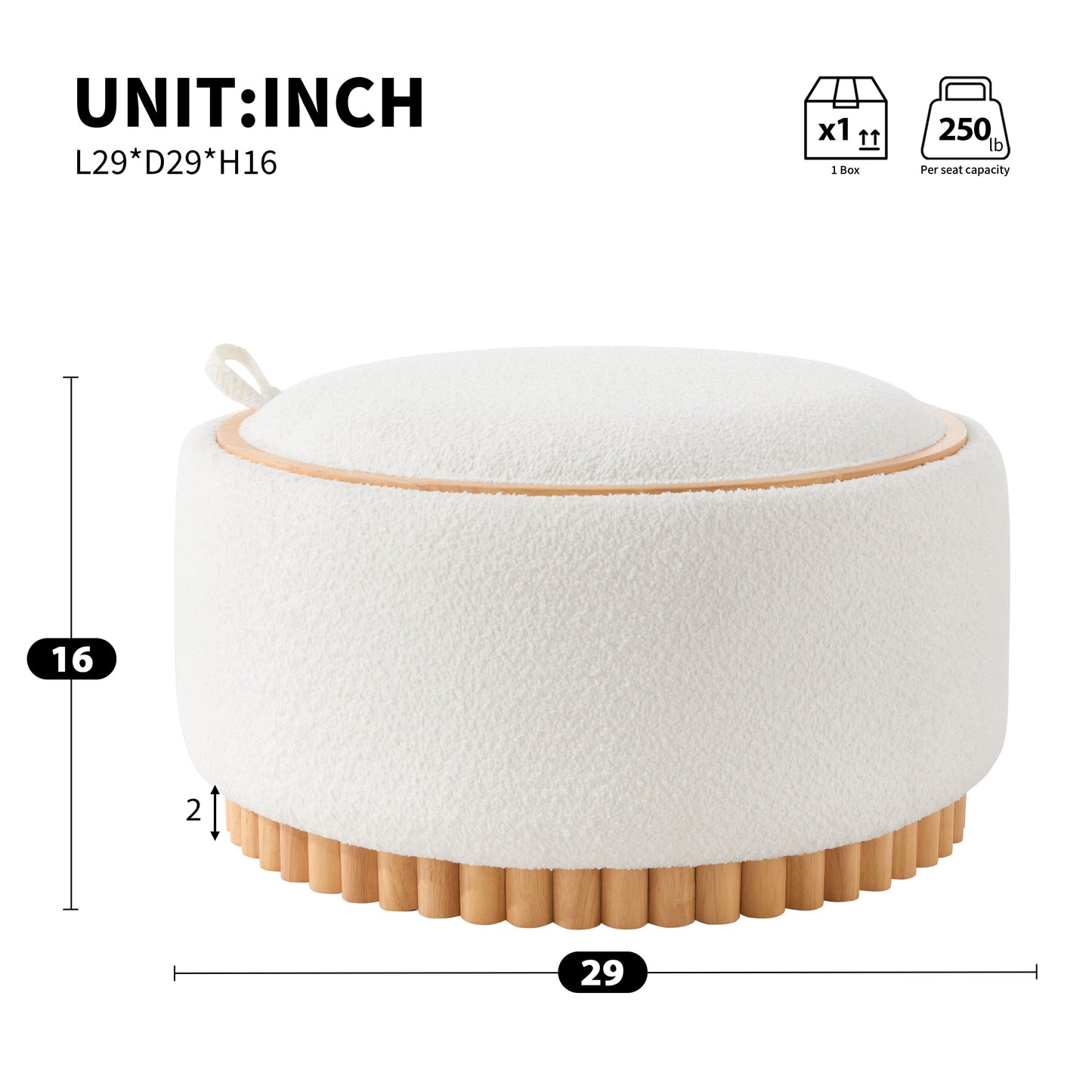 29' Round Storage Ottoman with Solid Wood Legs, Boucle Fabric, No Assembly