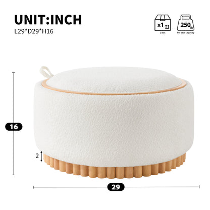 29' Round Storage Ottoman with Solid Wood Legs, Boucle Fabric, No Assembly
