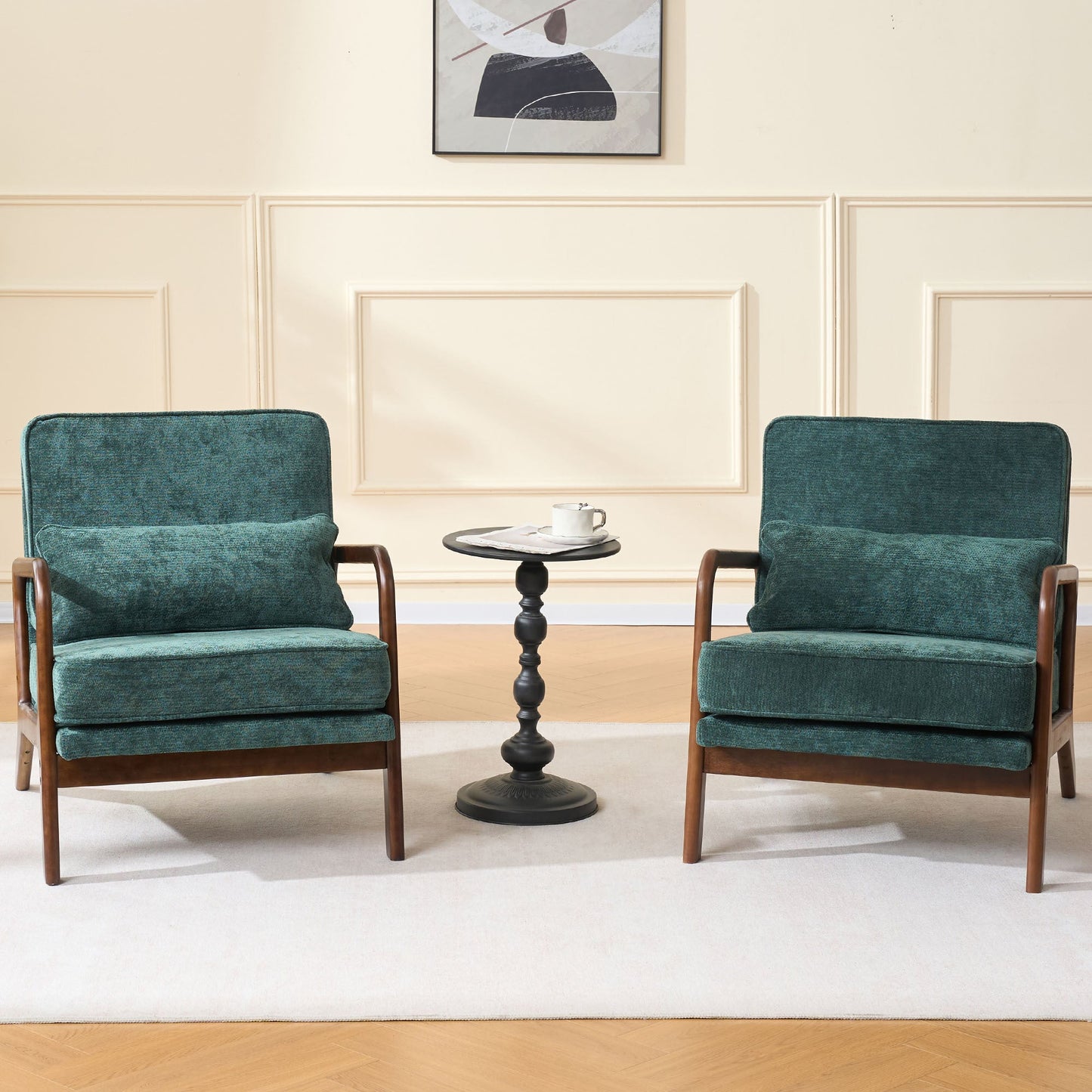 Accent Chair Mid-Century Lounge Dark Green Lumbar Cushion Wood Arms 26x29x30 In