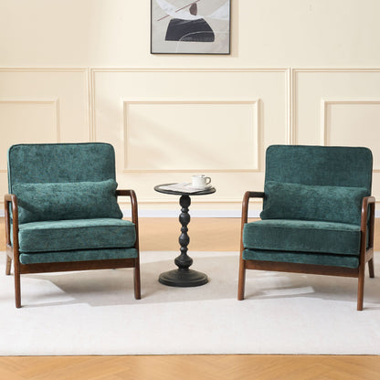 Accent Chair Mid-Century Lounge Dark Green Lumbar Cushion Wood Arms 26x29x30 In