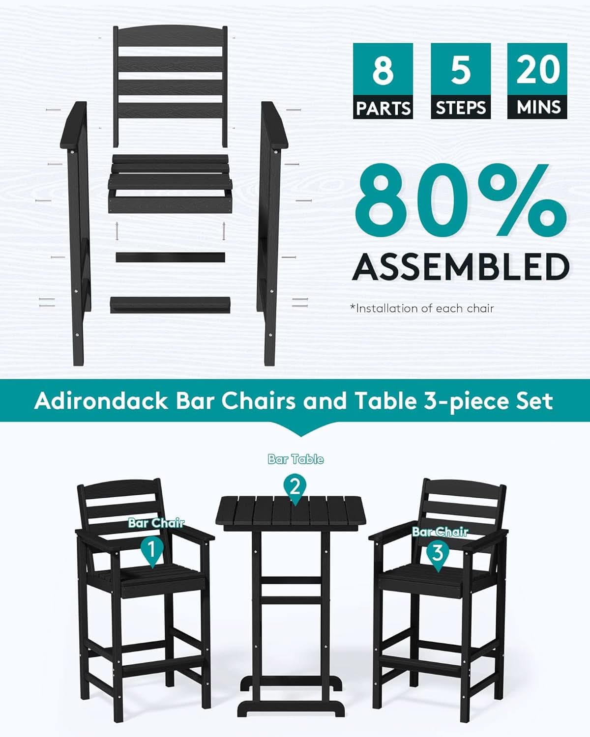 Black Balcony Adirondack Bar Chair Set With Table 3 Piece