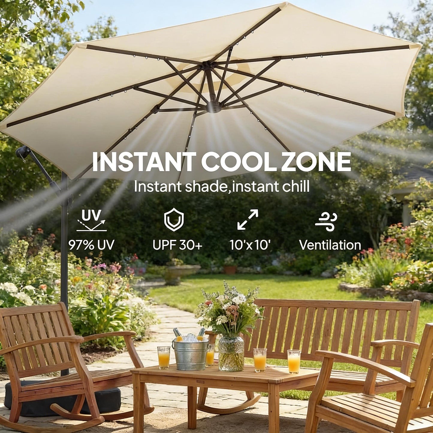 Cantilever Patio Umbrella 9.7ft Solar LED UPF 30