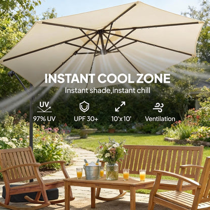 Cantilever Patio Umbrella 9.7ft Solar LED UPF 30