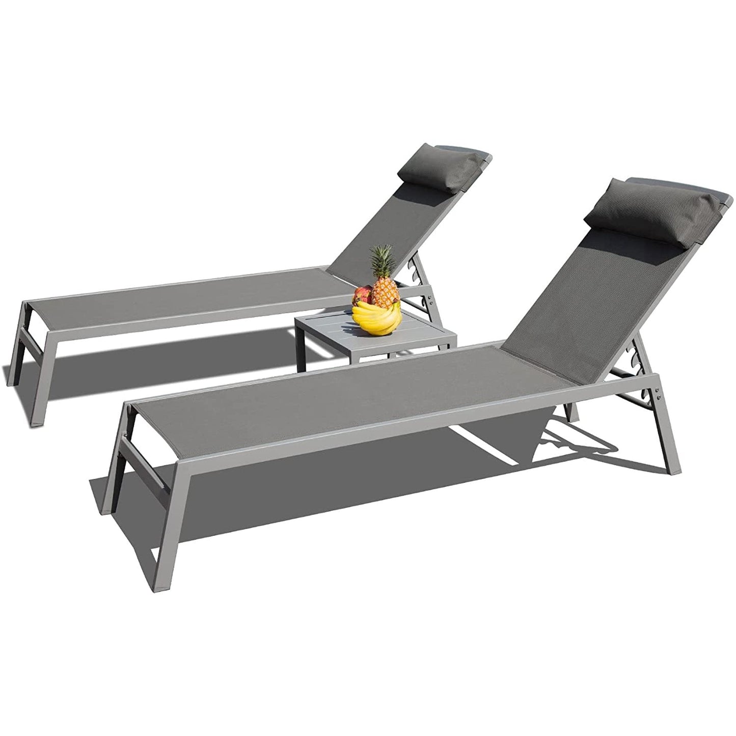 3 Piece Aluminum Chaise Lounge Set Gray Textilene 5 Position