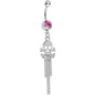 Pink Gem Rattling Chains Skull and Bones Dangle Belly Ring