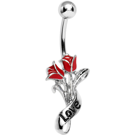 Red Rose Flower Love Scroll Lower Mount Dangle Belly Ring