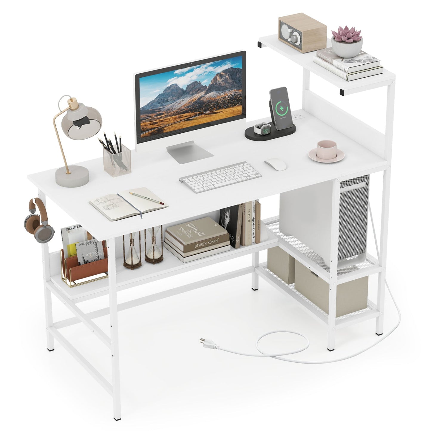 48 Inch Computer Desk with Power Outlets and Storage Shelves