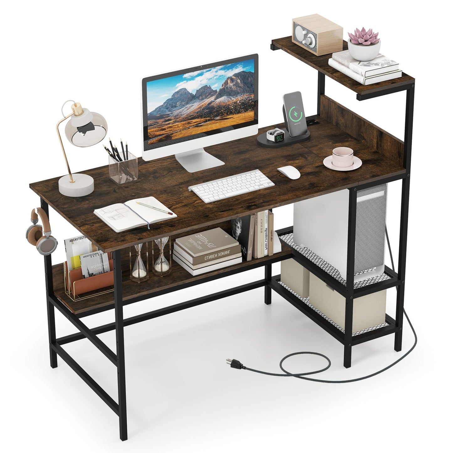 48 Inch Computer Desk with Power Outlets and Storage Shelves