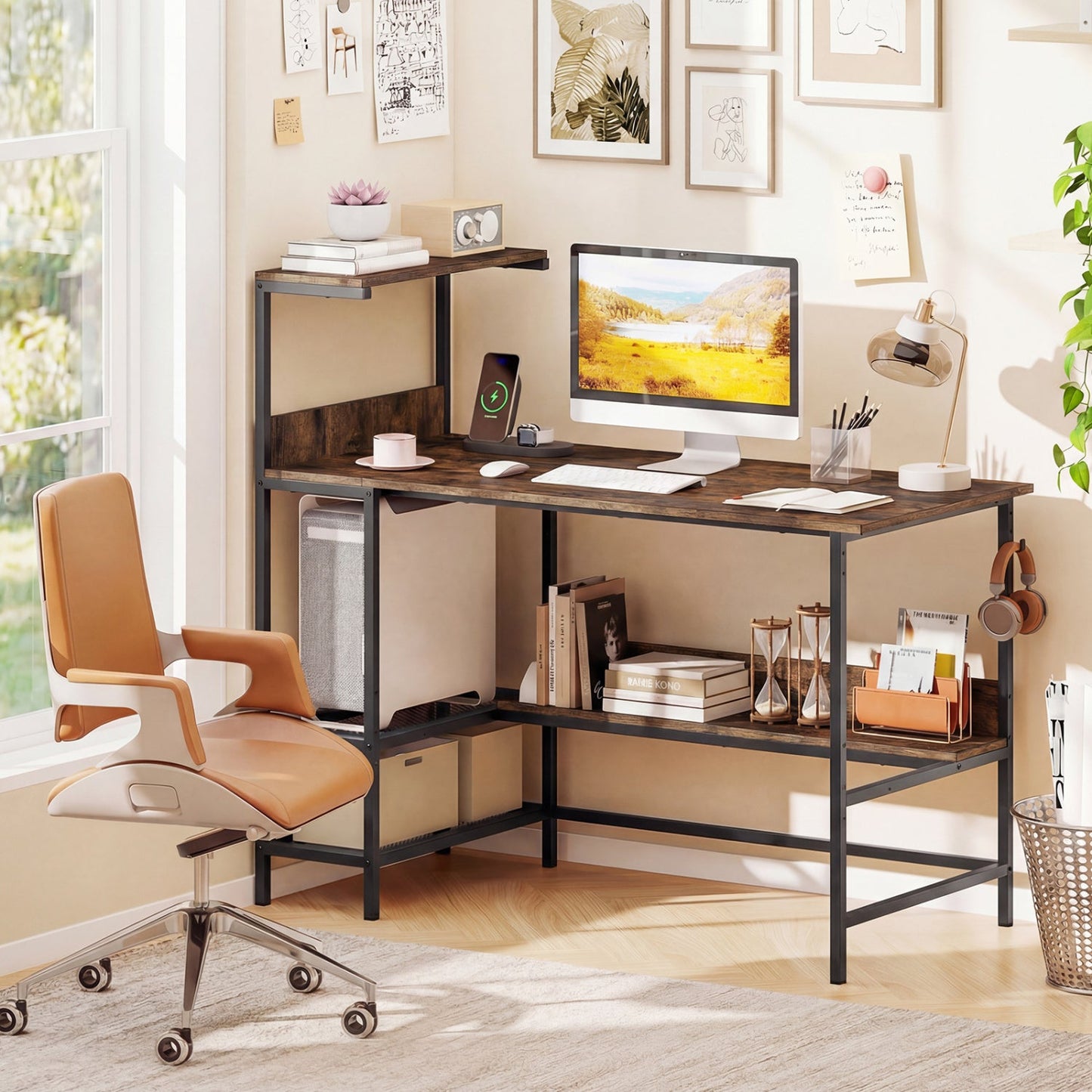 48 Inch Computer Desk with Power Outlets and Storage Shelves