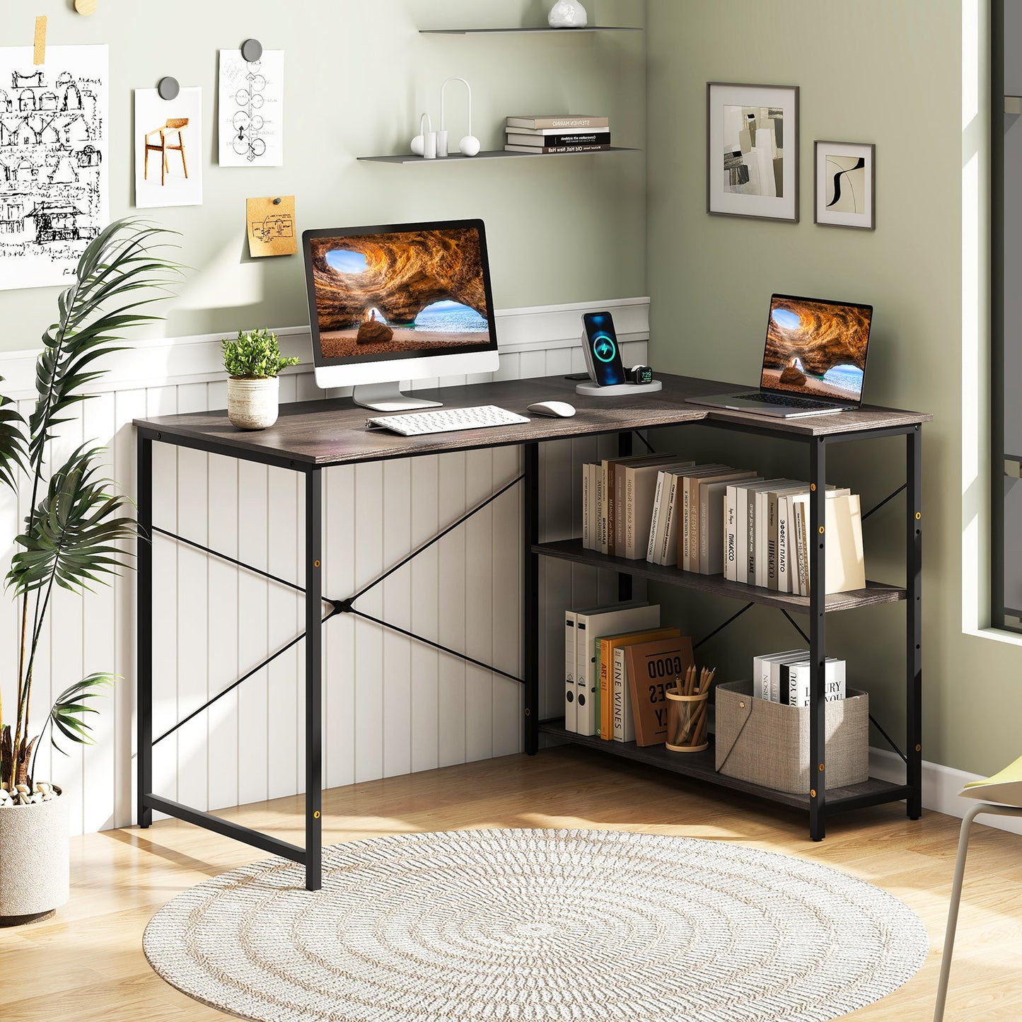 48 Inch Reversible L Shaped Computer Desk with Adjustable Shelf