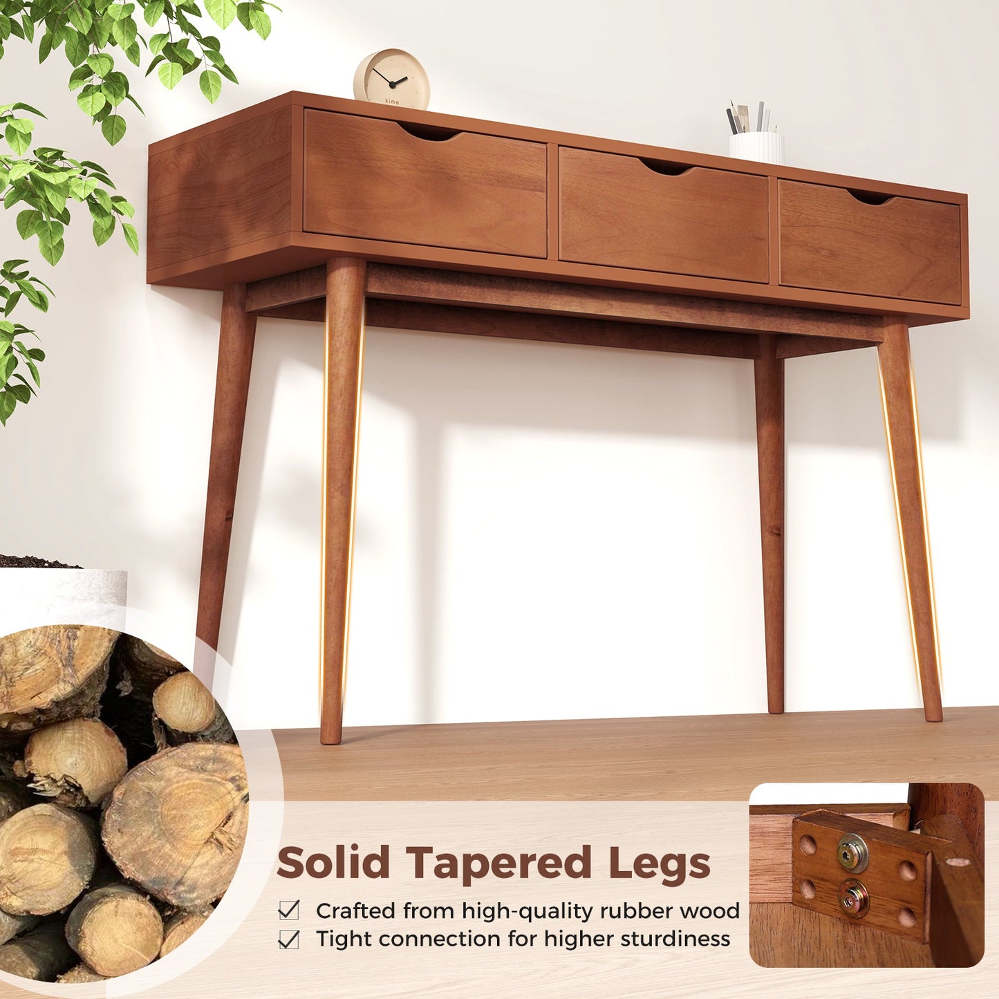 48 Inch Writing Computer Desk with 3 Drawers Solid Wood Legs-Walnut