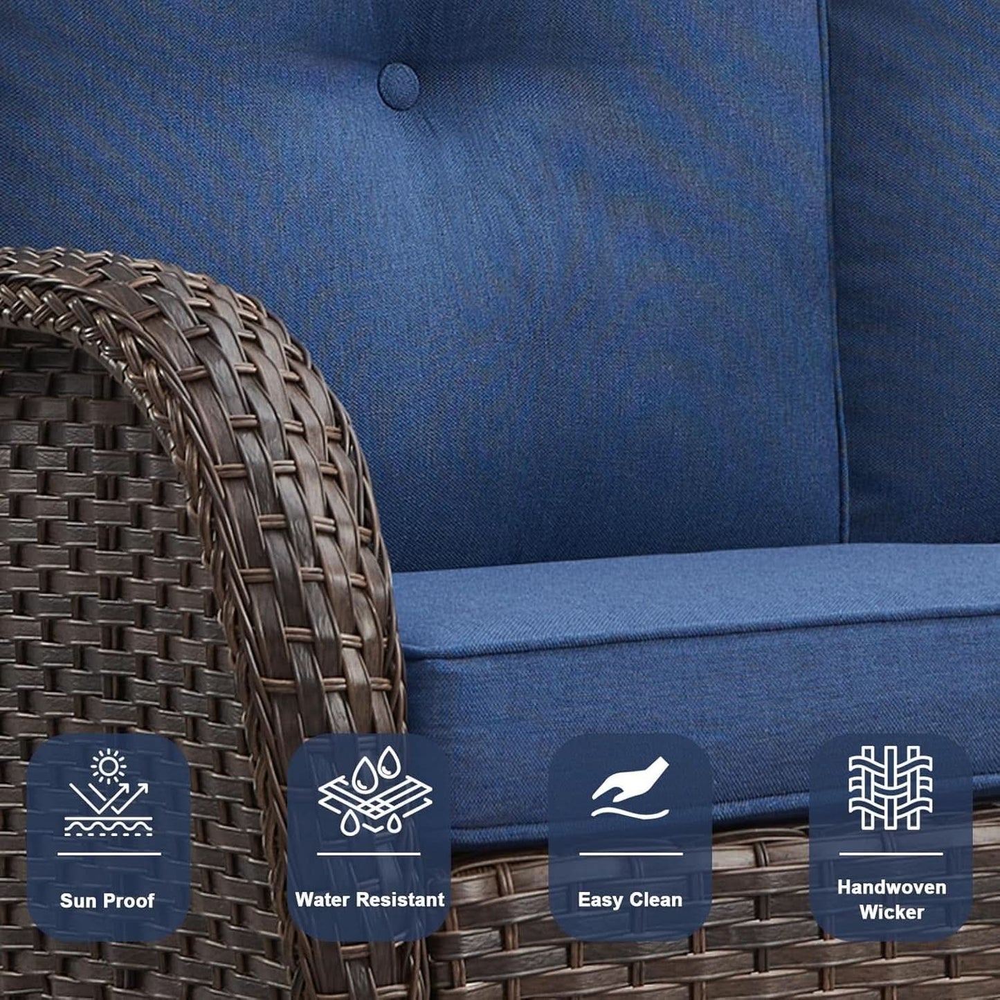 Six Piece Patio Conversation Set Brown Wicker Blue Cushions