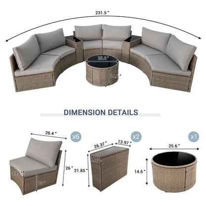 Outdoor Sectional Set PE Rattan Steel Light Gray Half Moon 9 Piece 380 LB
