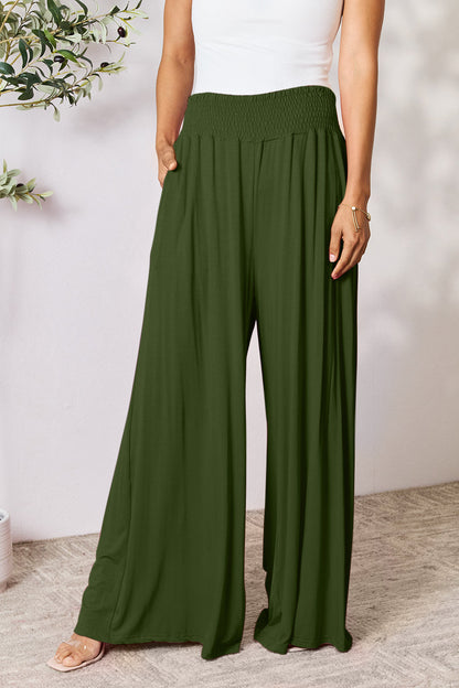 Smocked High-Waist Wide Leg Pants
