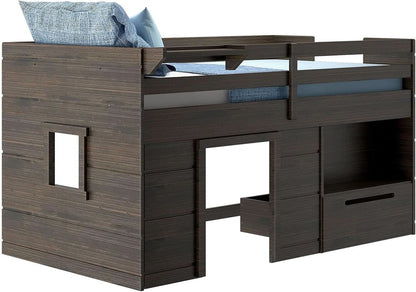 Twin Size Solid Wood Loft Bed With Storage Drawer And Ladder Barnwood Brown