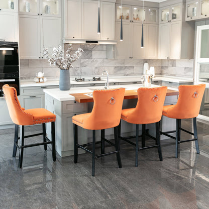 Velvet Upholstered Barstool Set of 2, Button Tufted, Chrome Nailhead, Orange