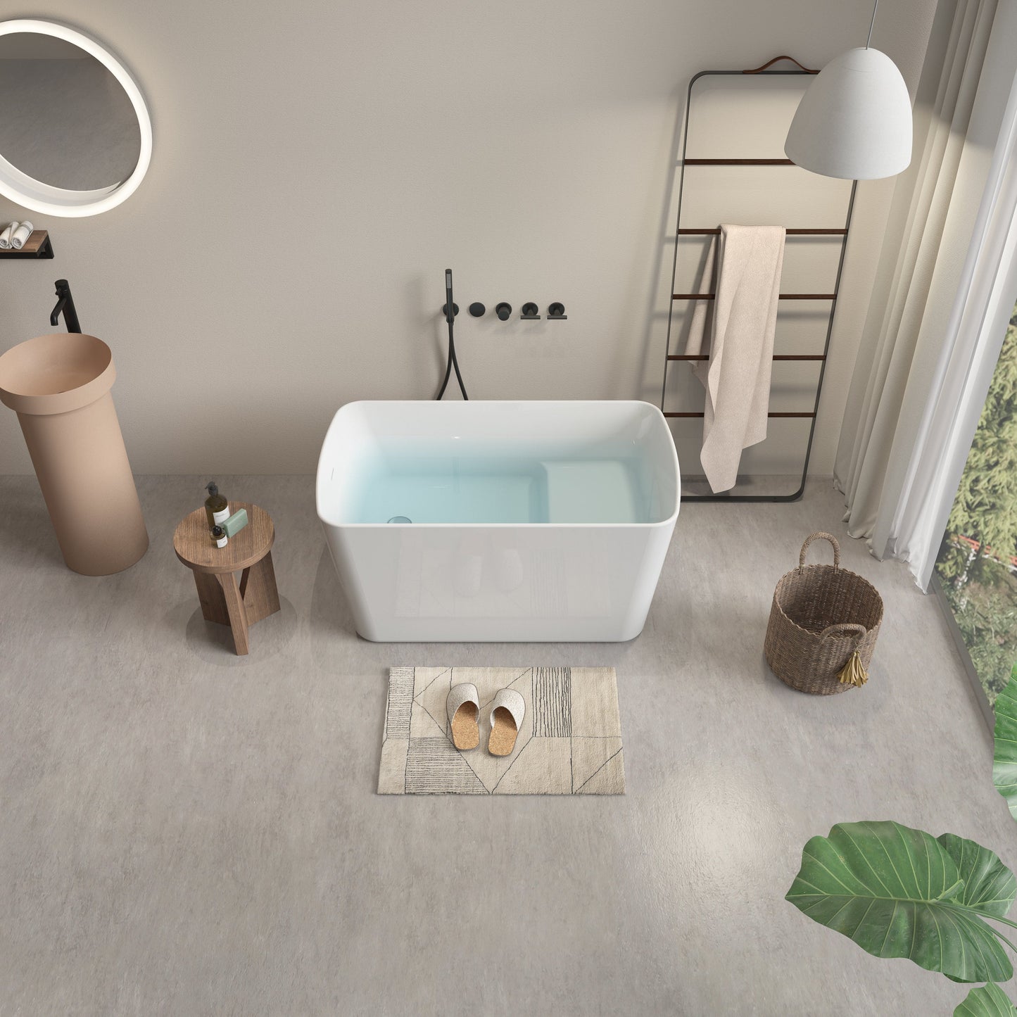 49in Acrylic Freestanding Soaking Bathtub, Square Japanese Sit-In, Chrome Drain