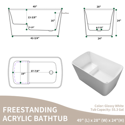 49in Acrylic Freestanding Soaking Bathtub, Square Japanese Sit-In, Chrome Drain