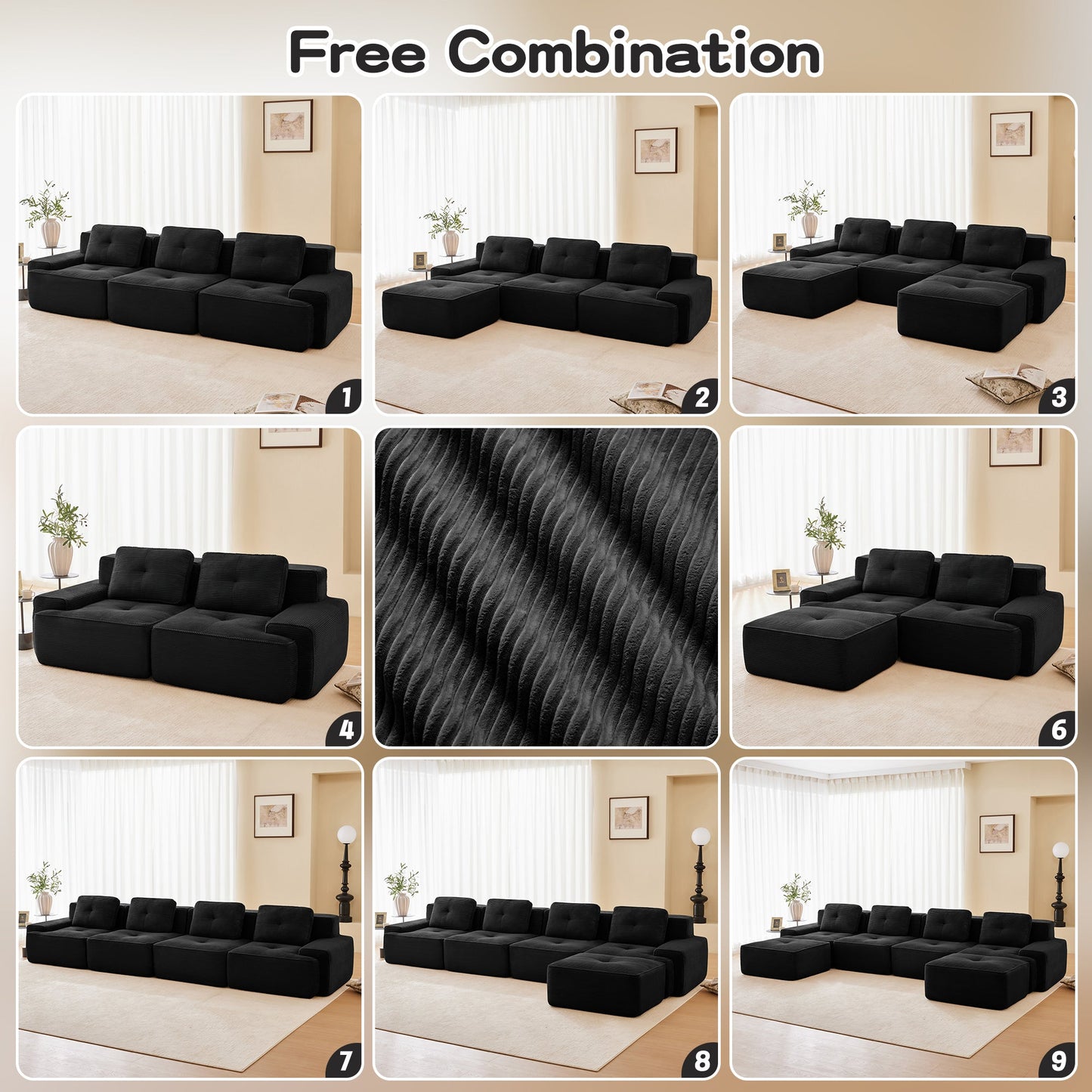Sectional Sofa Modular Corduroy Black 3 Seat Tufted No Assembly
