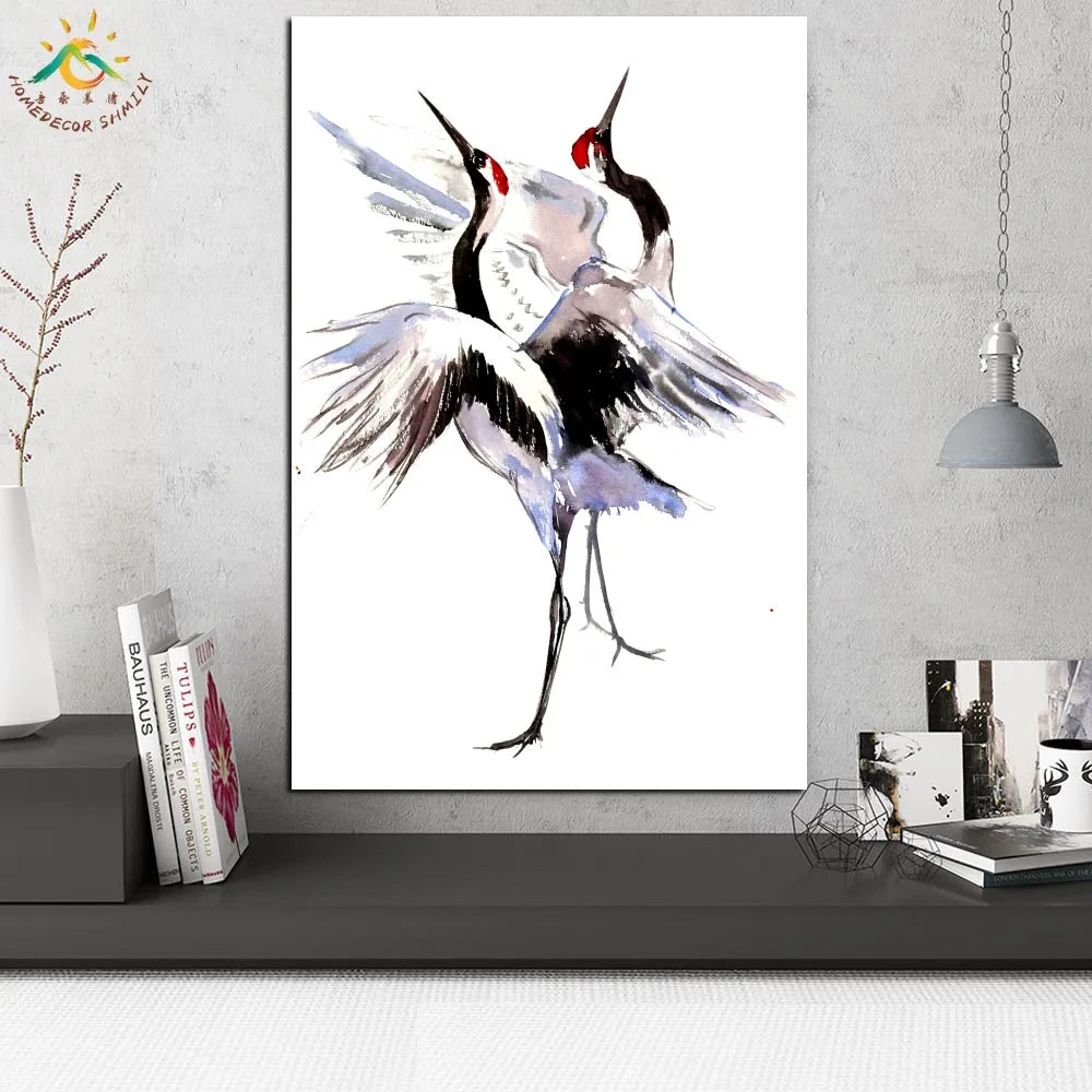 Two Dancing Cranes Artwork – Modern Canvas & Scroll Wall Art