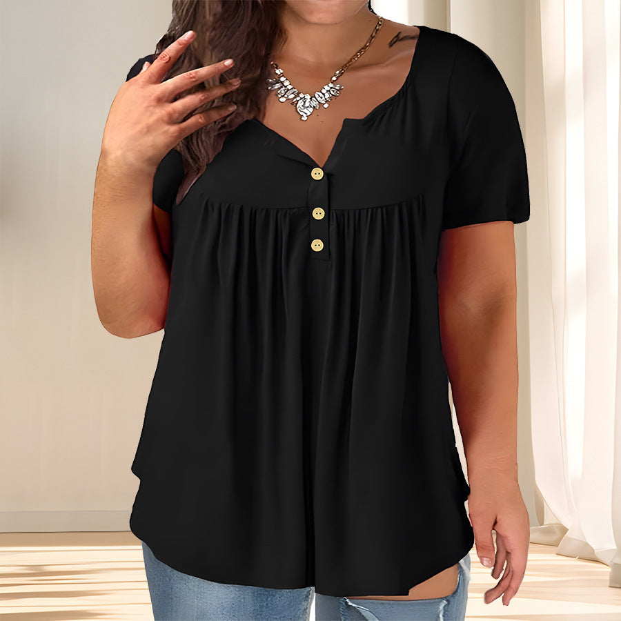 Plus-size Womens Solid-color Button-up Loose T-shirt