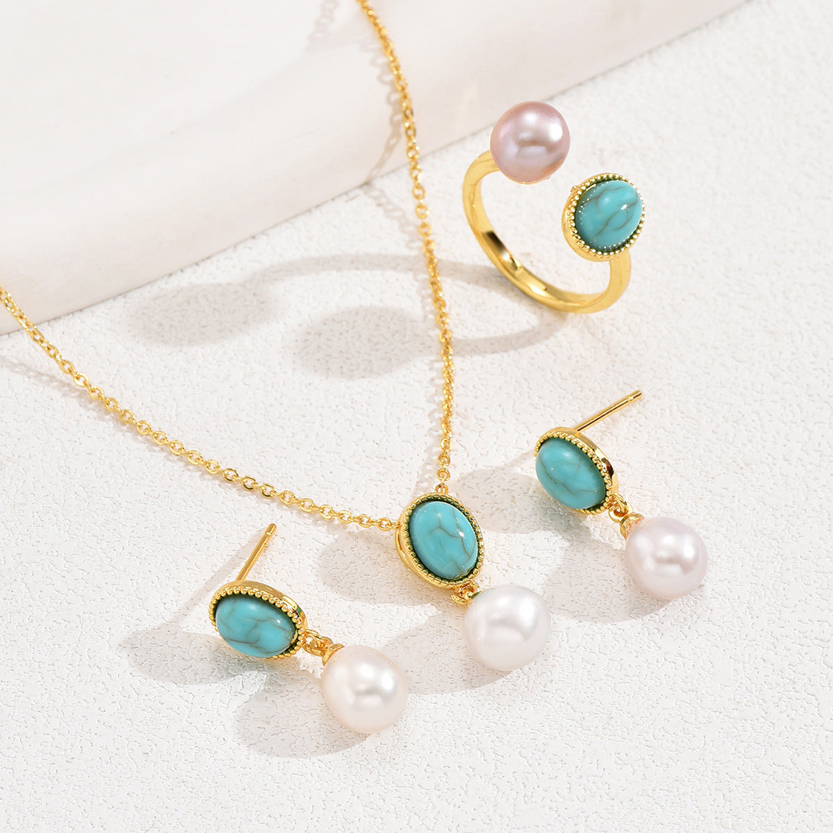 Minimal Literary Retro Jewelry Set, Niche Inlaid Pearl Stud Earrings, Versatile Necklace & Ring Matching Accessories For Women