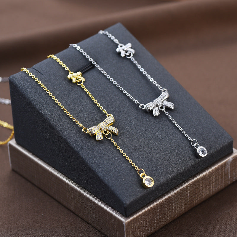 Dainty Pull Adjustable Sweater Chain For Women, Zircon Bow Y-Shape Tassel Long Necklace, Elegant Sweet Fashion Jewelry