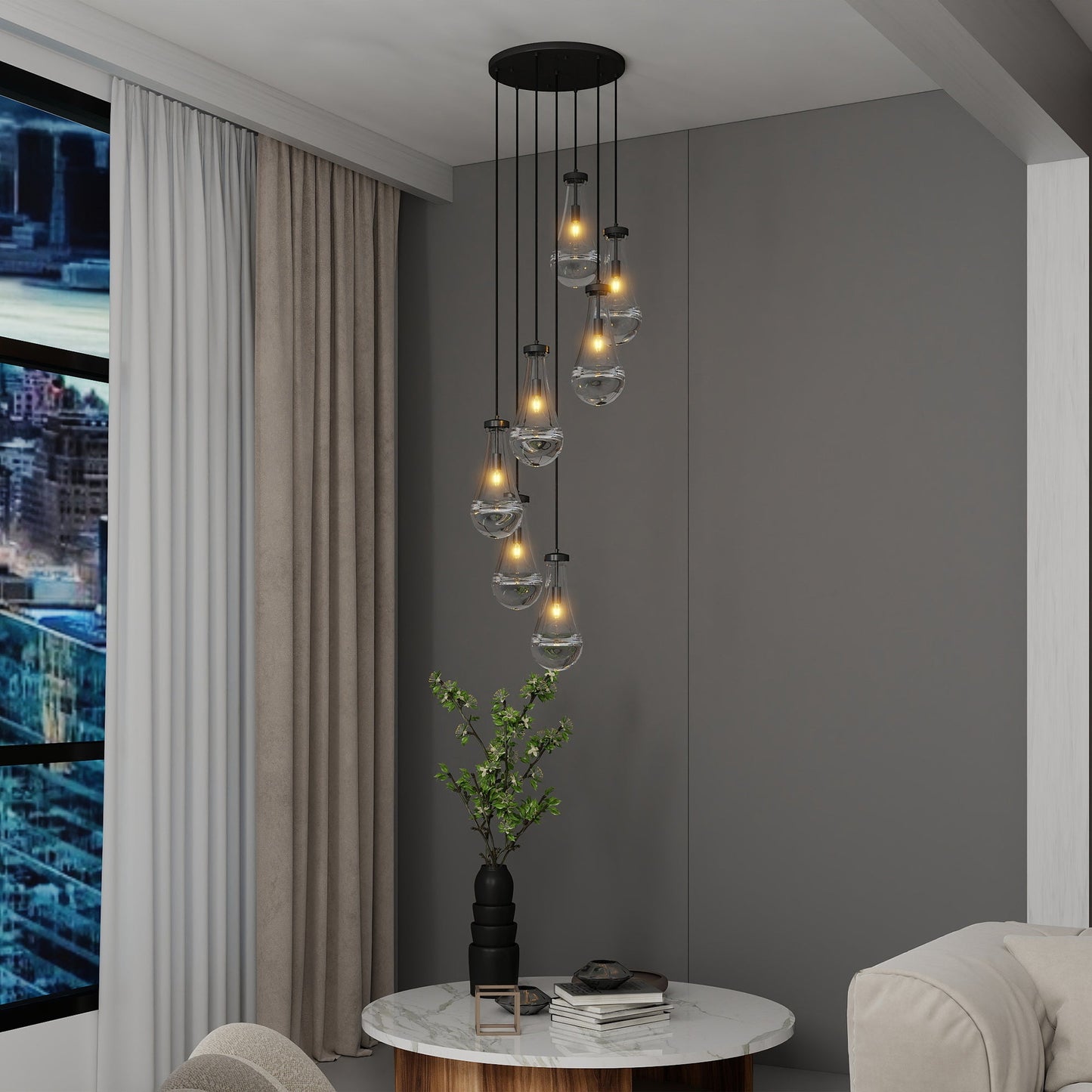 Chandelier 7-Light Pendant Adjustable Black Living Room Foyer Stairwell
