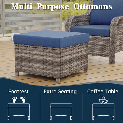 Outdoor Patio Set PE Rattan Swivel Chairs Gray Blue Footstools