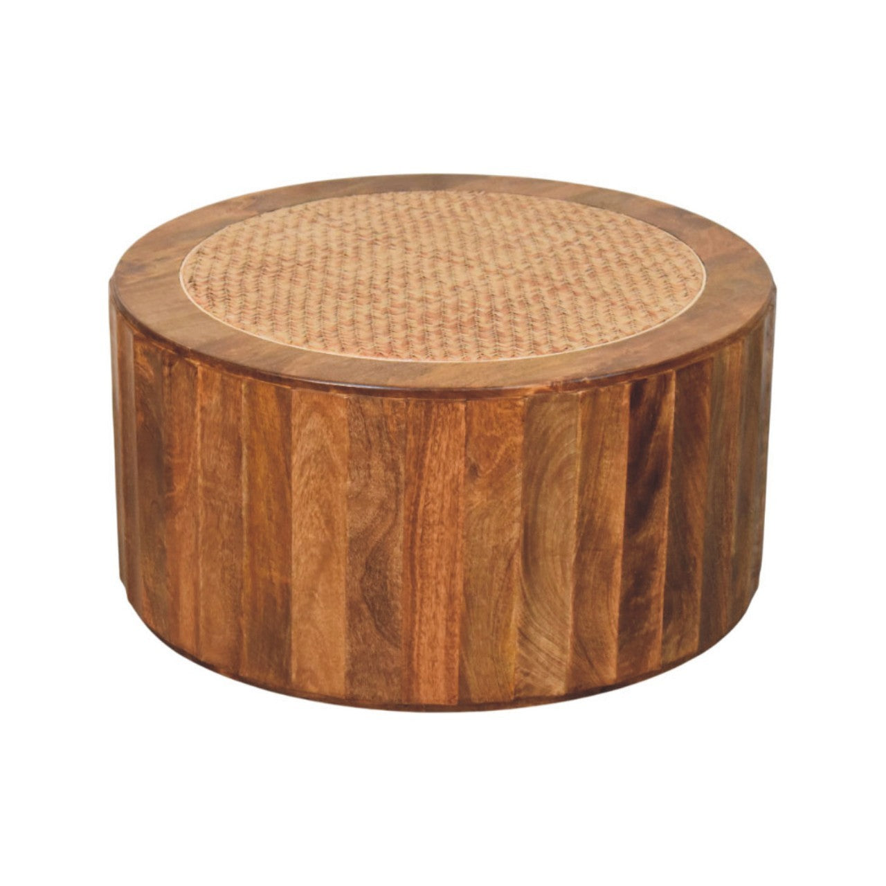 Artisan Solid Mango Wood Rivera Rattan Round Coffee Table, Brown