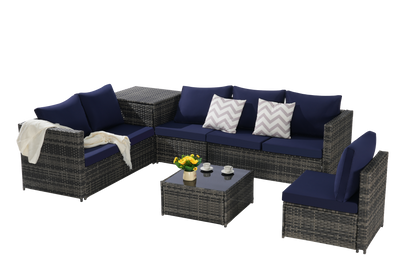 Outdoor Sectional Set PE Rattan Steel Dark Blue L-Shape 6 Piece Seats 8