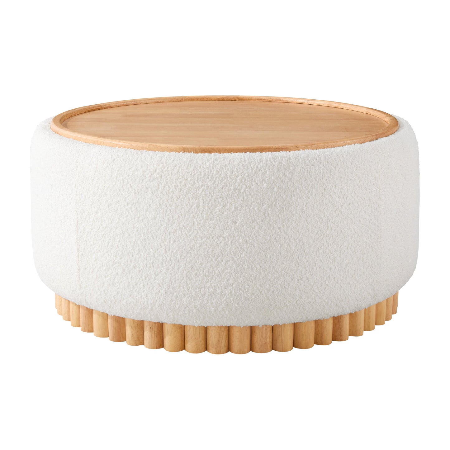 29' Round Storage Ottoman with Solid Wood Legs, Boucle Fabric, No Assembly