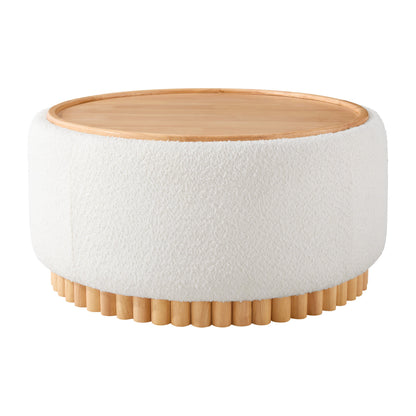 29' Round Storage Ottoman with Solid Wood Legs, Boucle Fabric, No Assembly