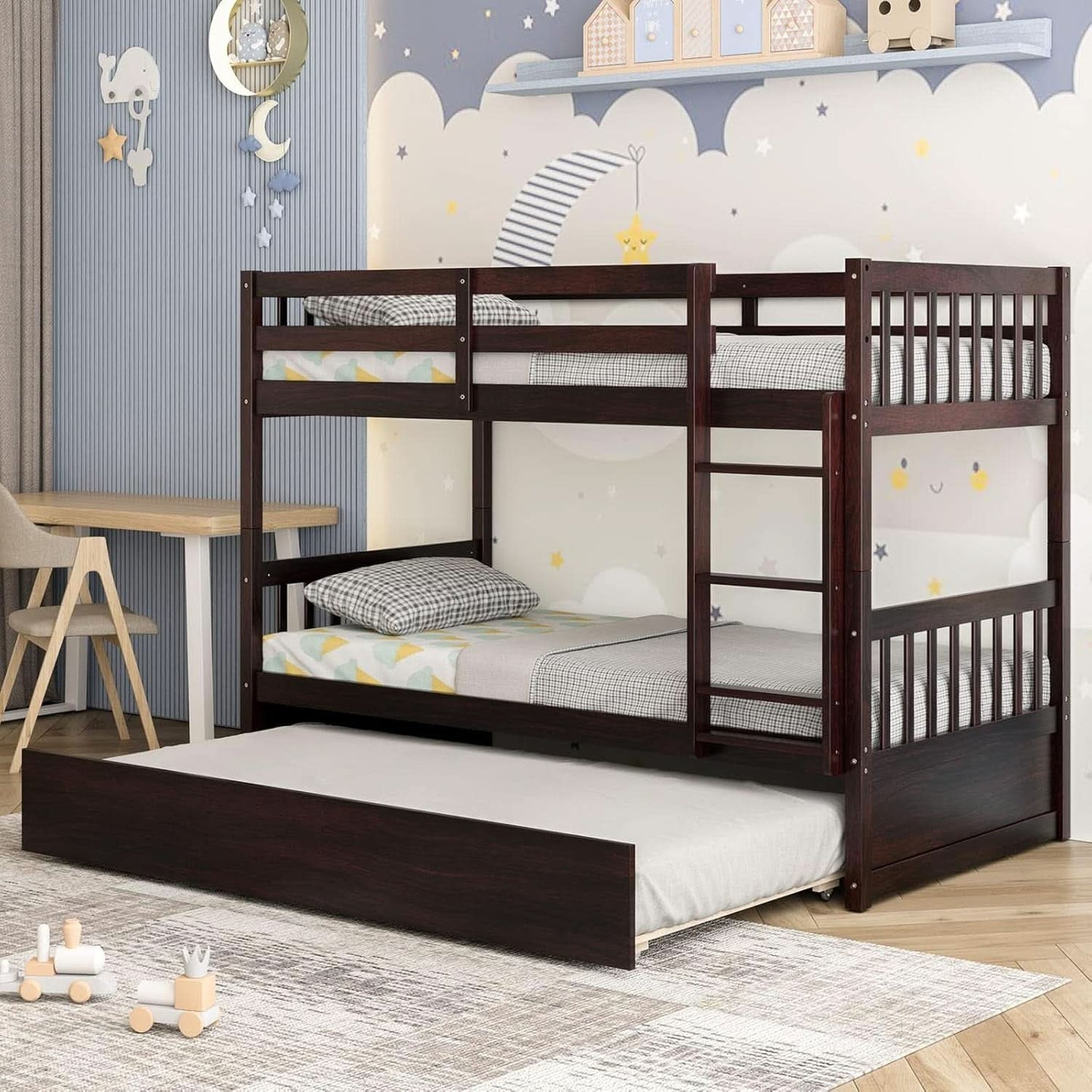 Twin Over Twin Bunk Bed With Trundle In Espresso Solid Wood
