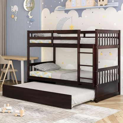 Twin Over Twin Bunk Bed With Trundle In Espresso Solid Wood