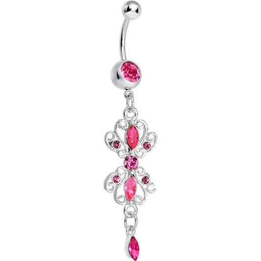 Pink Gem Twin Scrolls and Teardrops Dangle Belly Ring