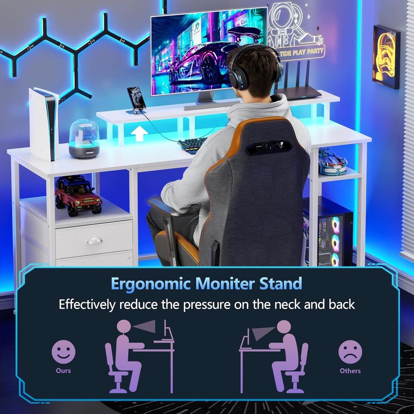 61 Inch Computer Desk With Integrated Power Outlet LED