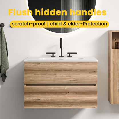 30' Wall Mounted Rough Oak&Rough Oak Bathroom Vanity with Integrated Ceramic ...